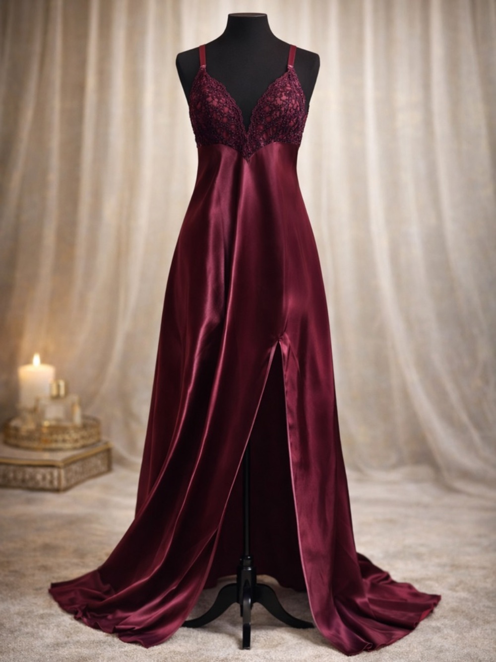 RARE VTG Victoria's Secret Gold Label burgundy Lace & Satin Slip gown S